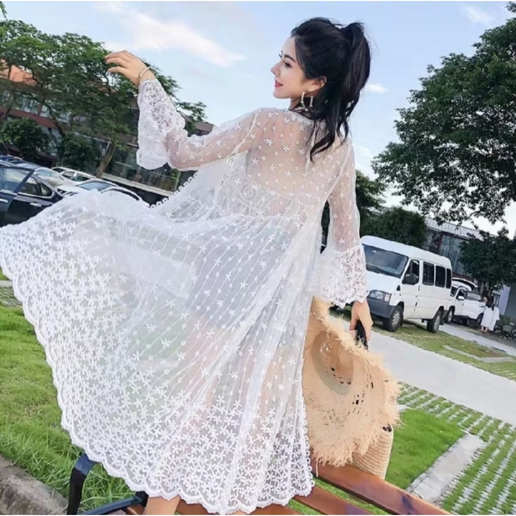 08511 Auter tranparan Lace Import Wanita Auter pantai putih Import Wanita Kardigan cewek Korea Auter