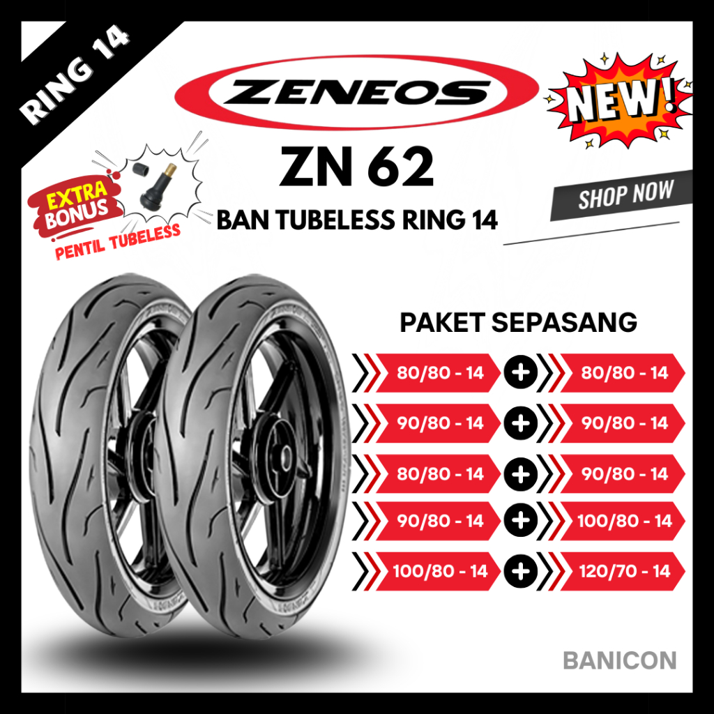 PAKET SEPASANG Ban Motor ZENEOS ZN62 Ring 14 DEPAN BELAKANG 80/80-14 90/80-14 100/80-14 120/70