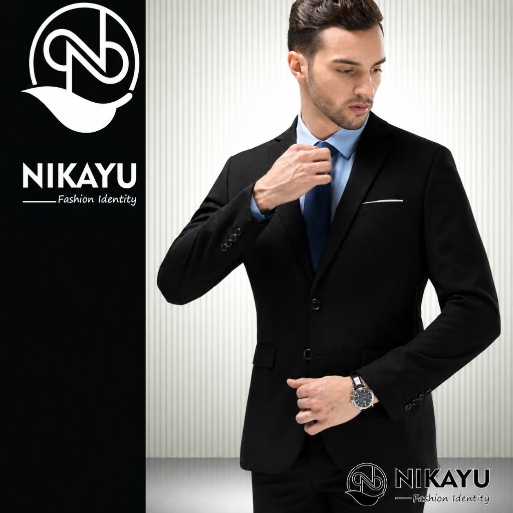 Jas Blazer Pria Slim Fit [ NIKAYU Premium + Bonus Cover ] MODRIC BLACK Resmi Casual  Elegan Formal W