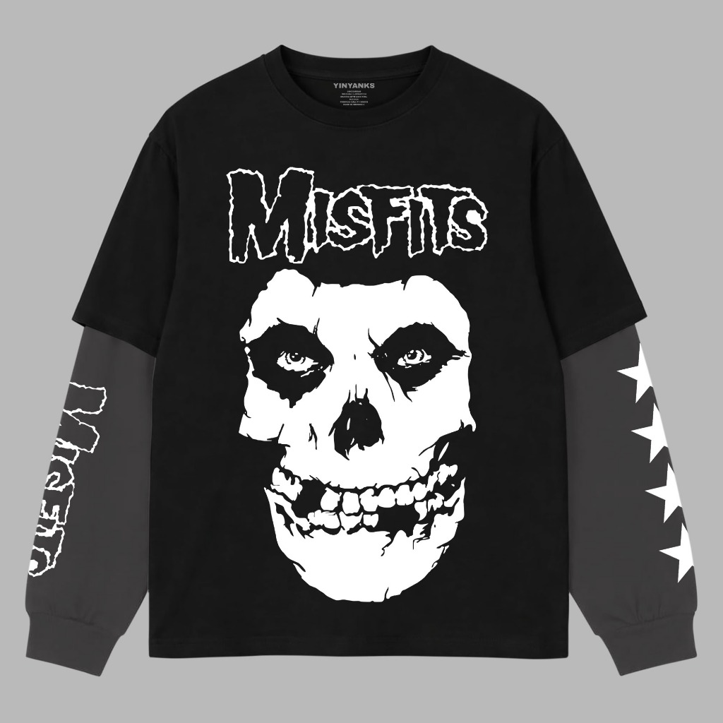The Wasnas T-shirt Double layer Rib ST Misfits Skull kaos long sleeve pria wanita unisex