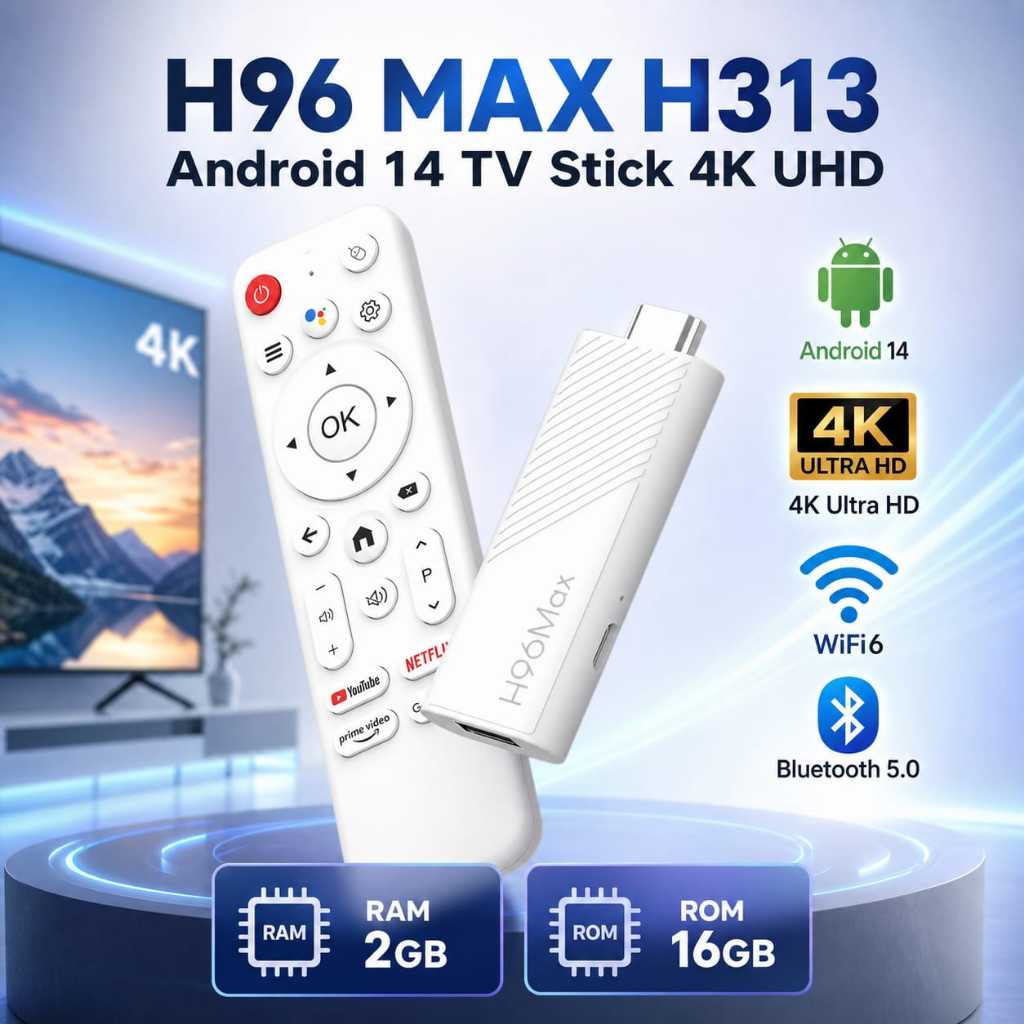 H96 MAX H313 2GB 16GB Android 14 Tv Stick 4K UHD WiFi 6 Bluetooth 5.0 Voice Control Streaming Smart 