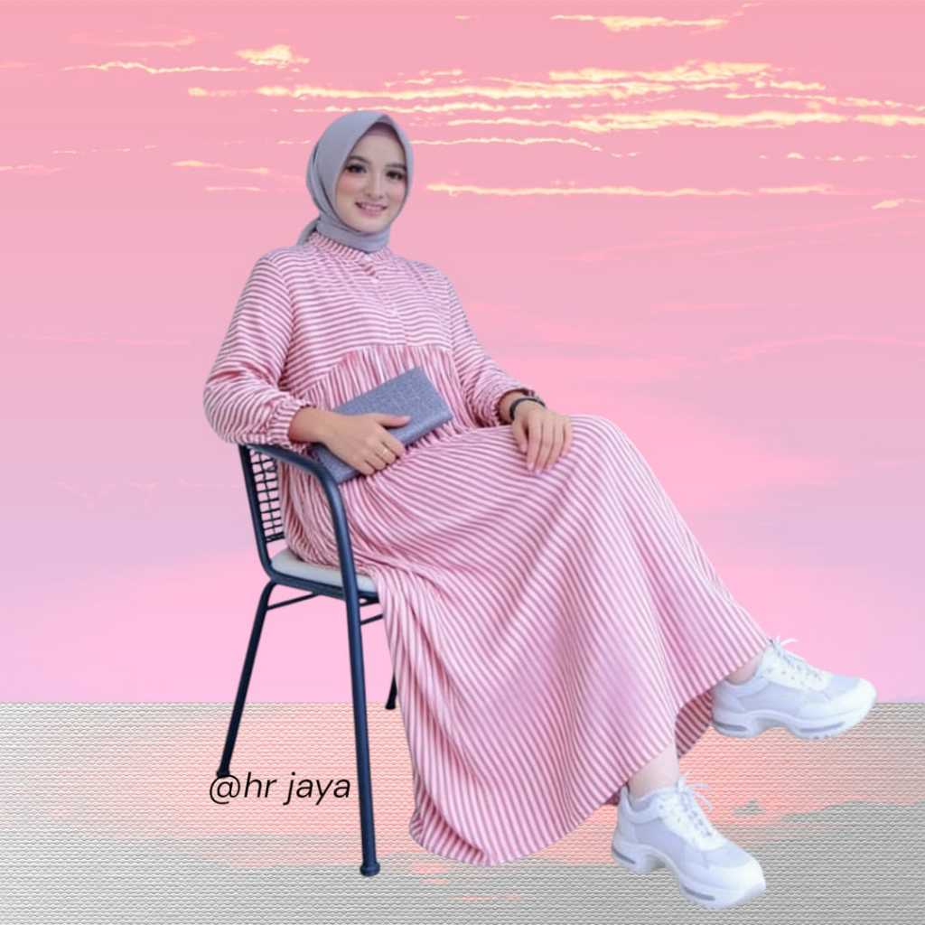 MIDI DRESS GARIS SALUR BAHAN KATUN PREMIUM DRESS GAMIS MOTIF SALUR PREMIUM FASHION MUSLIM