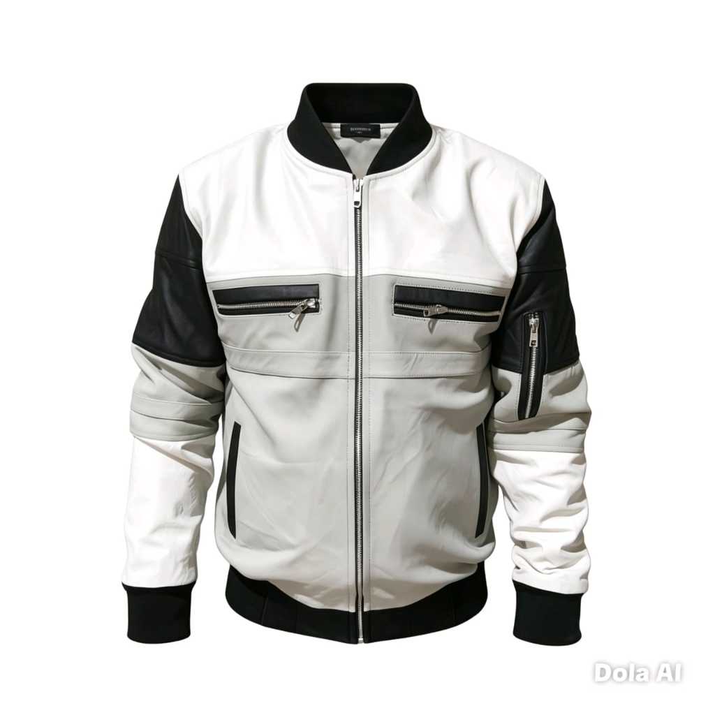 Jaket Kulit Garut  Modern Hitam Putih dengan Detail Resleting