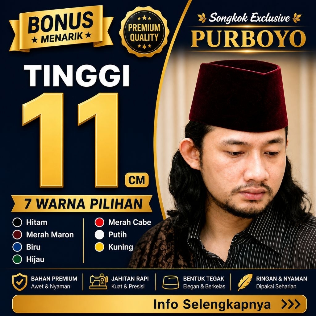 Peci Tinggi 11 cm - Bludru Halus Berkualitas Premium Model AC - Songkok Purboyo Kopiah Polos