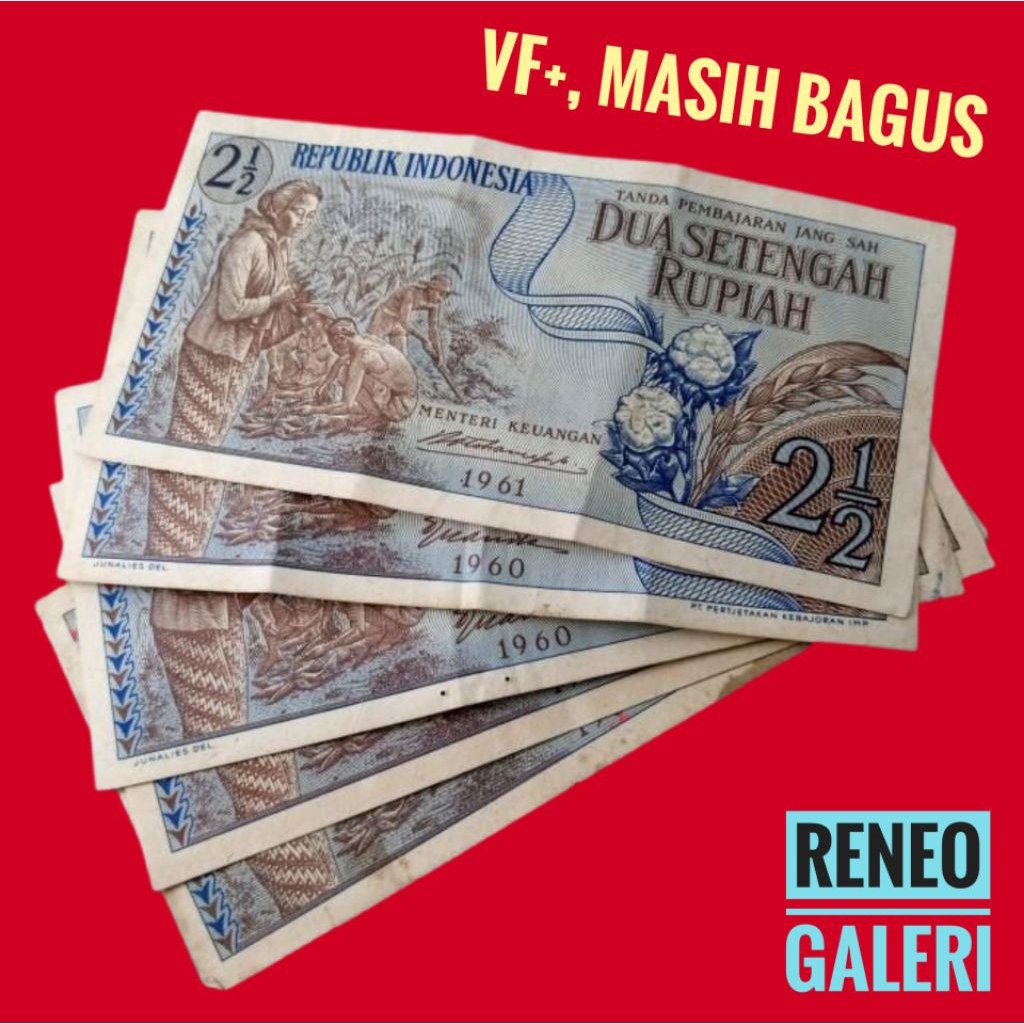 VF+ asli 2½ Rupiah seri sandang pangan tahun 1961 1960 Rp uang kertas kuno Indonesia 2,5 2 1/2 seten