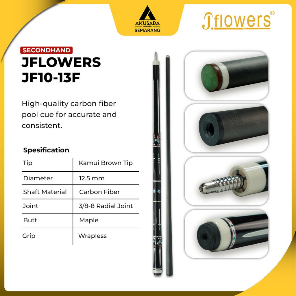 Stik Play JFlowers JF10-13F Carbon Shaft 12.5mm Cue Billiard Play Free Tas 1x1 - Second
