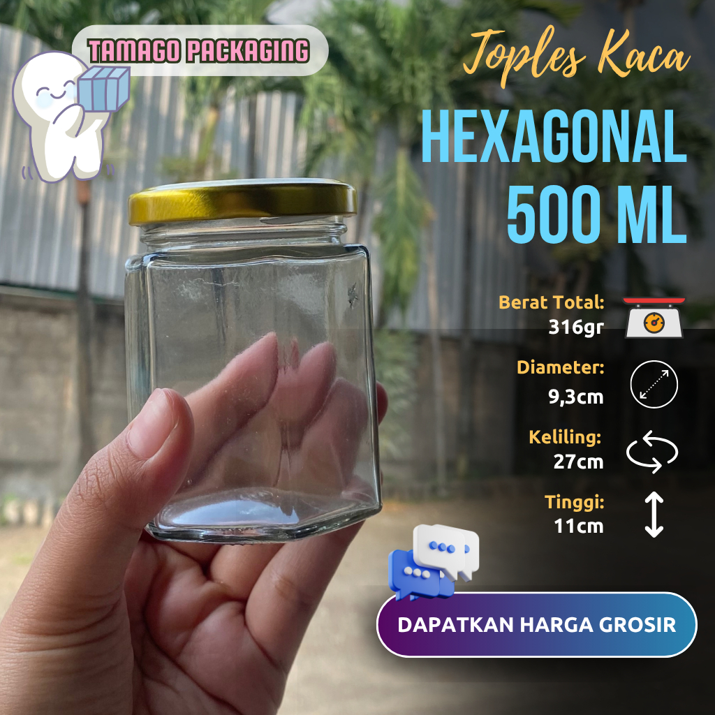 Toples Jar Hexagonal kaca 500ml / Toples Kaca/Toples beling/ toples madu
