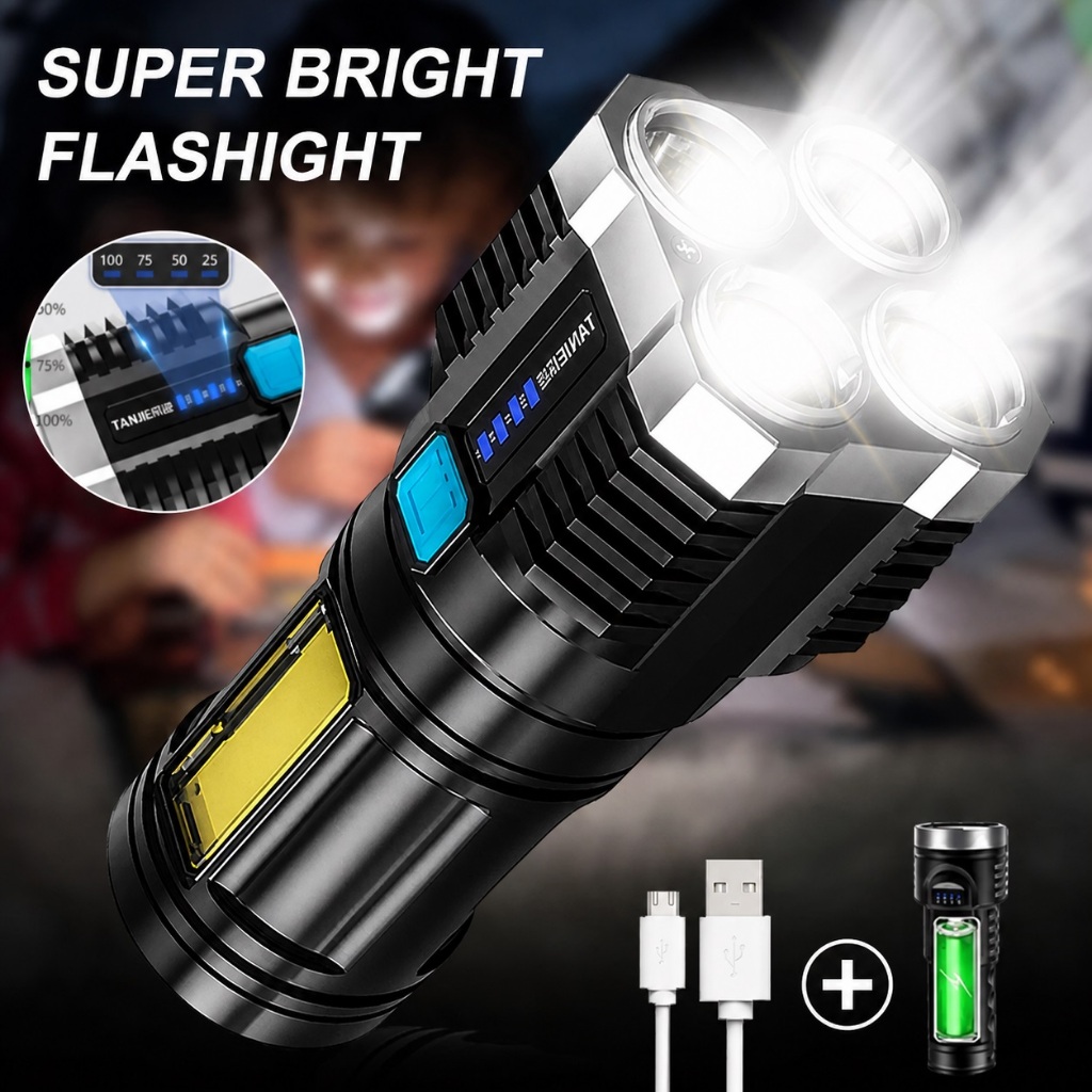 Lampu Senter led cas super terang tahan lama Senter 4 LED COB 4 Mode Jarak Jauh Senter Camping