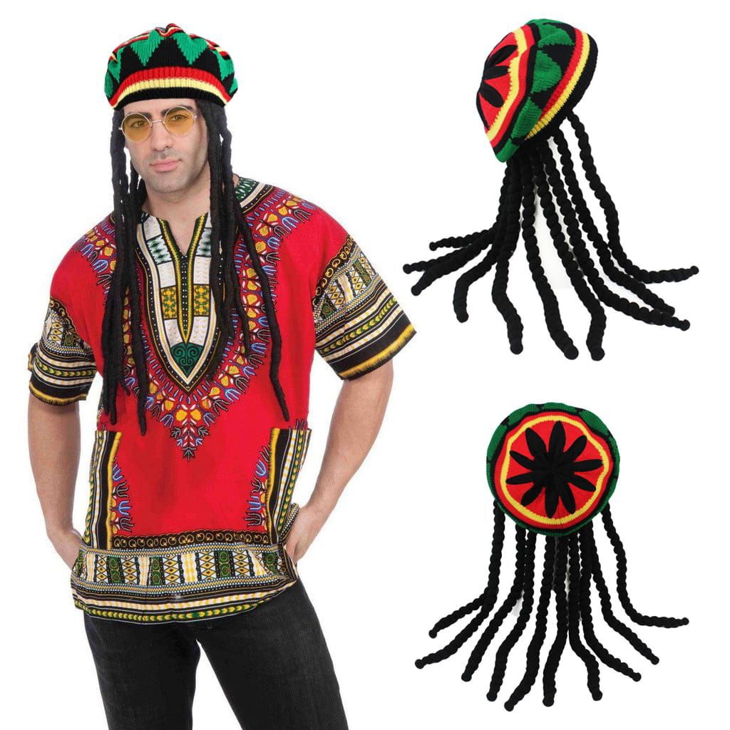 Topi Beanie Rasta dengan Rambut Gimbal Palsu / Wig Dreadlock Reggae
