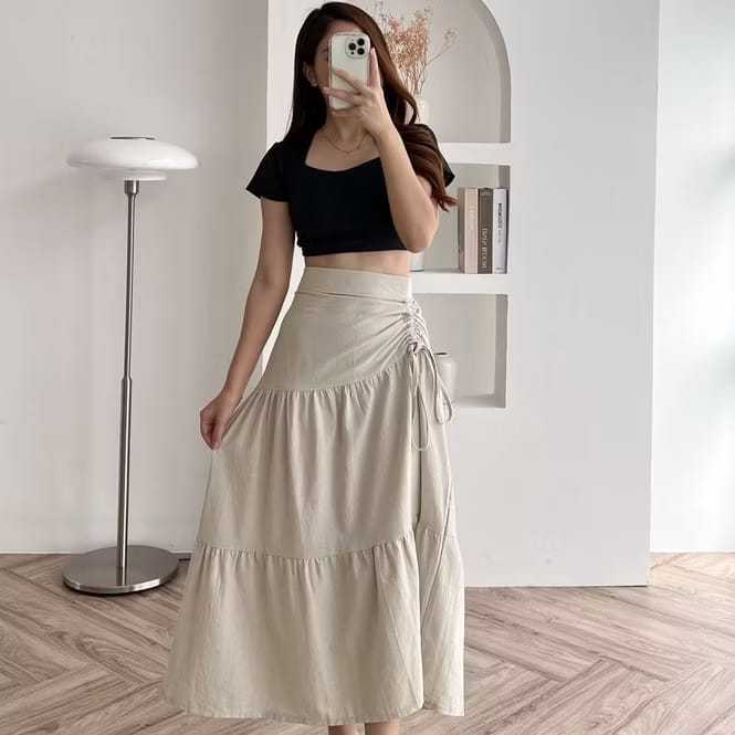 Davelline ALUNA SKIRT Rok Midi Wanita Linen Angel Serut Pinggang Korea SKIRT - Rok Serut Linen Angel