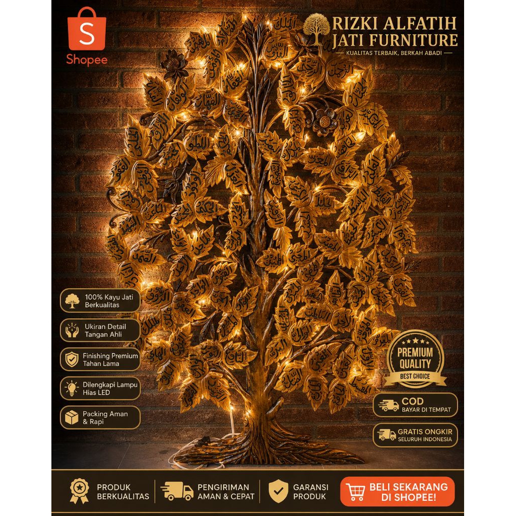 Hiasan Dinding Kayu Jati Pohon Kaligrafi Asmaul Husna Ukir Handmade Lampu LED Estetik ukuran 150cm×8
