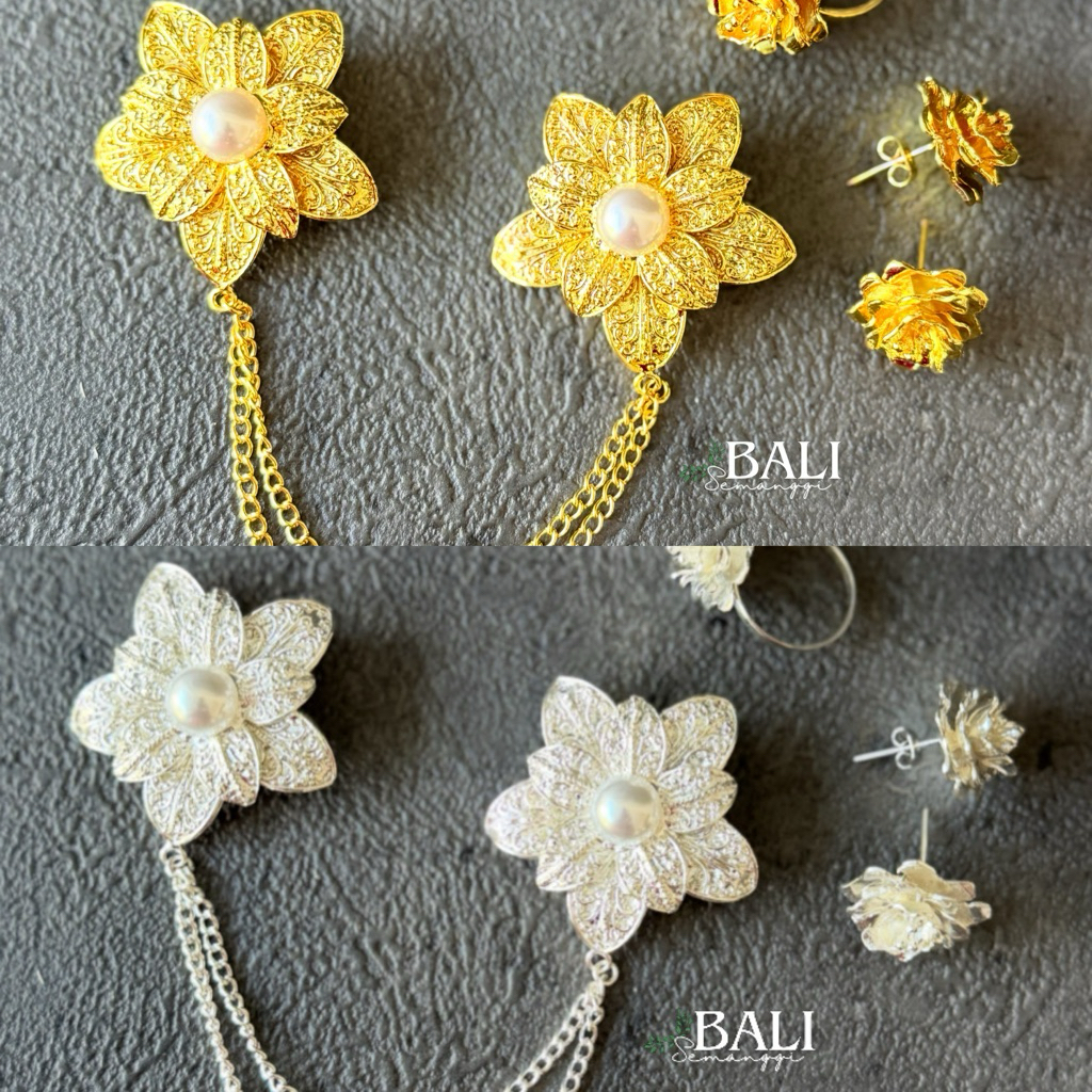 set bros kancing alpaka melati mawar Gold / Silver skrup hiasan kebaya bali