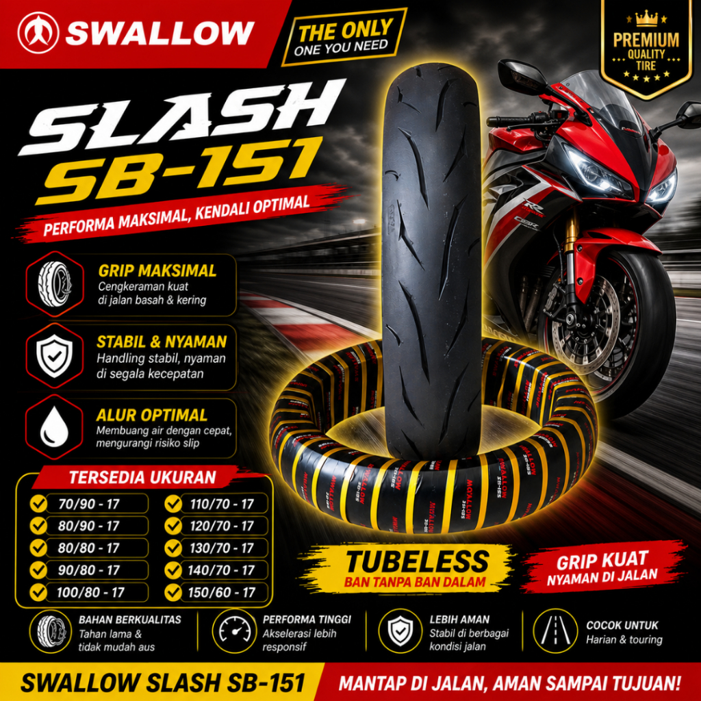 Ban Swallow Slash Ring 17 70/90-17 80/80-17 80/90-17 90/80-17 100/80-17 110/70-17 120/70-17 Tubeless