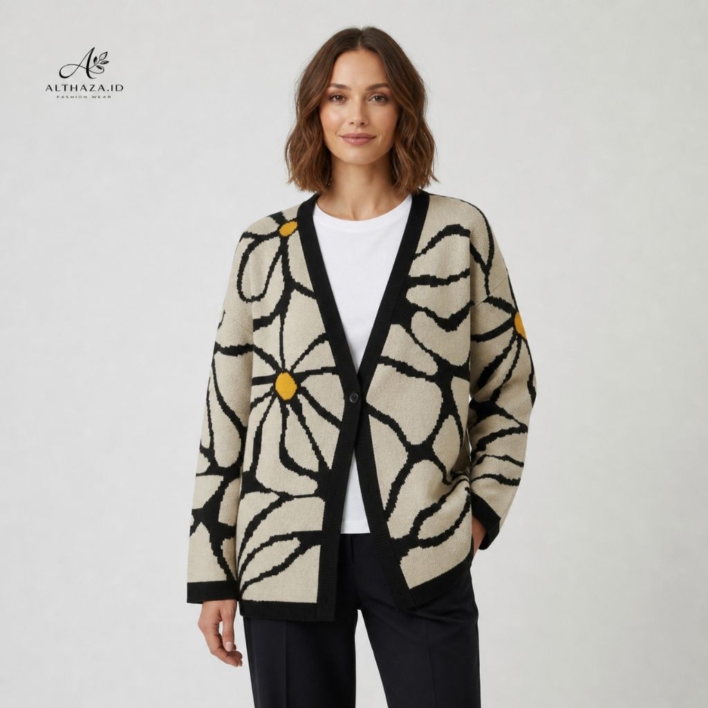 Althaza Cardigan Wanita Atasan Wanita Rajut Motif Bunga Kimono