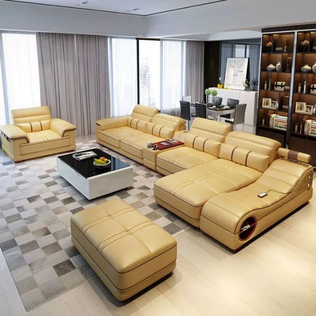 Set Sofa L Shape Kulit Premium Multifungsi – Desain Ergonomis Mewah, Dilengkapi Speaker & Charger, L