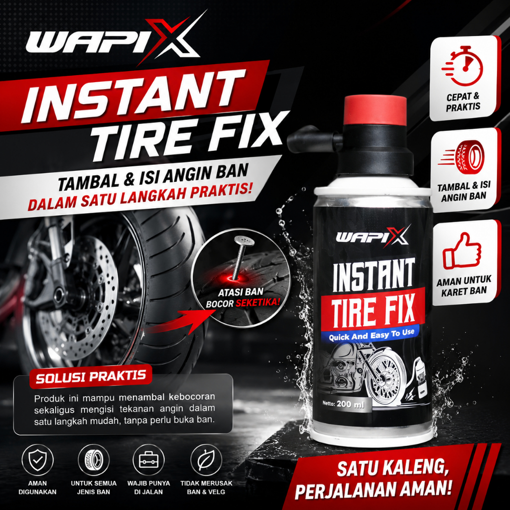 WAPIX - INSTANT TIRE FIX, Cairan ban tubeless motor, Cairan ban tubeless, Cairan ban tubles motor ma