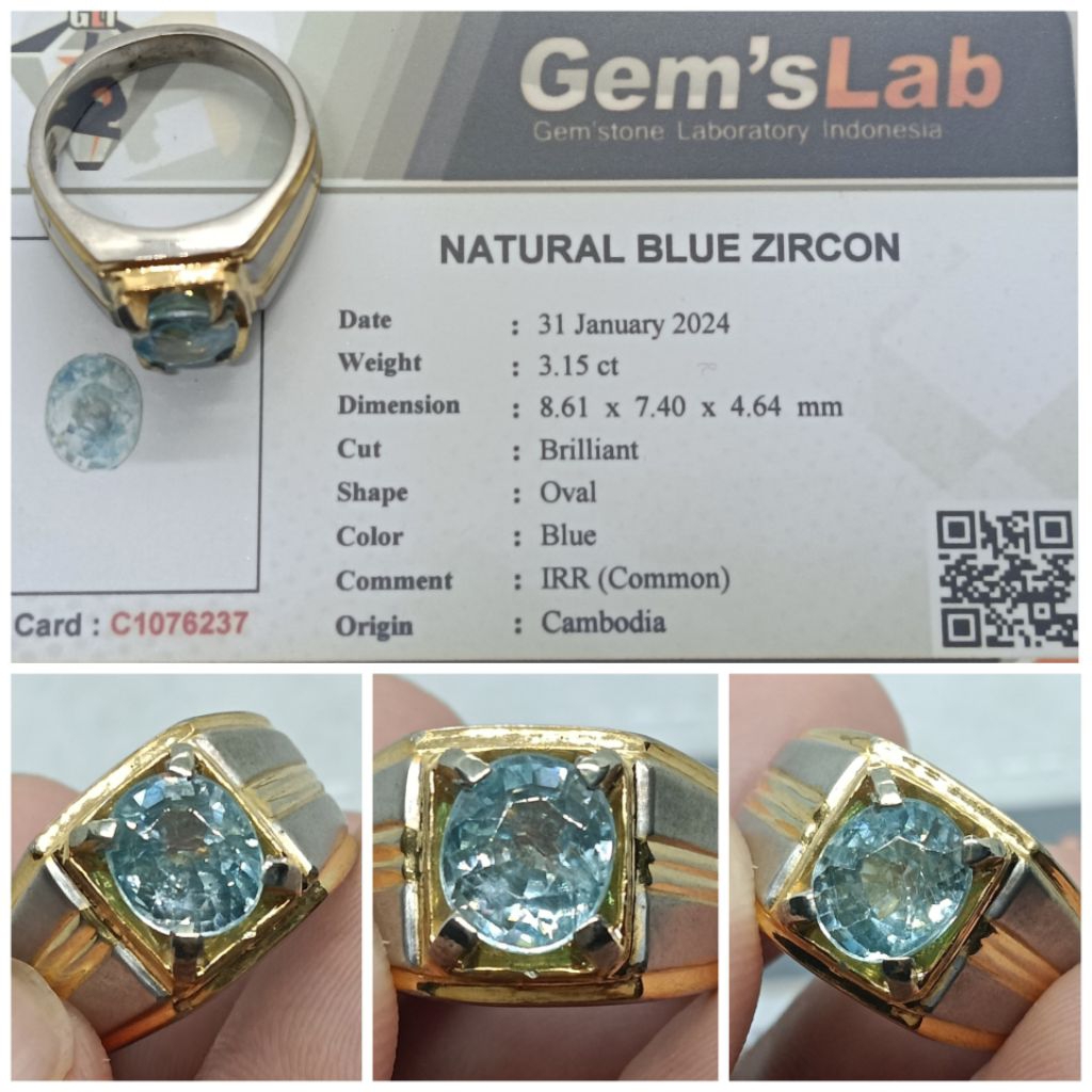 Natural Blue Zircon Cambodia 3,1ct Top Color-Luster memo GLI Ring Perak