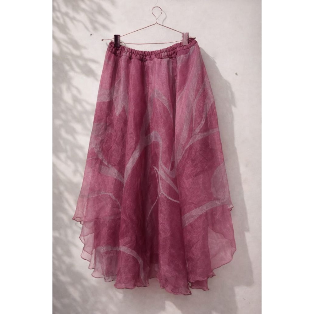 Rok Celana Wanita Organza Pink Flowly Preloved Pinggang Karet