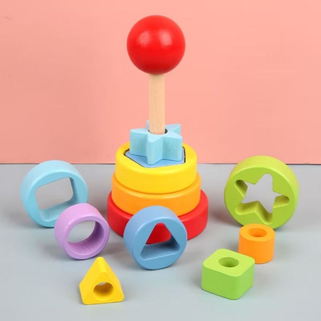 Mainan ring donat bentuk geometri geometry bahan kayu wooden puzzle toy toys montessori sensori sens