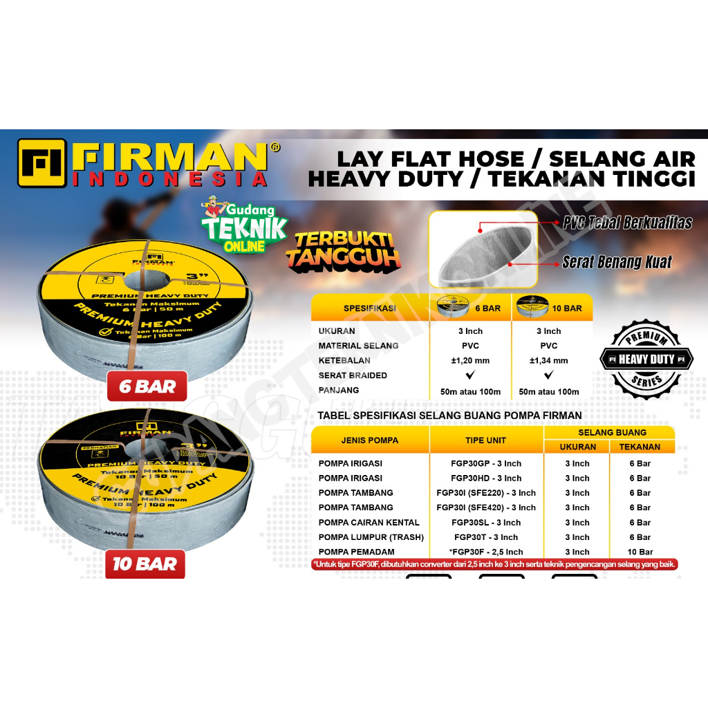 Selang Buang KAIN  3" 50M 100M 6 10 Bar FIRMAN Tambang Pertanian Pemadam Irigasi Air Sawah / Selang 