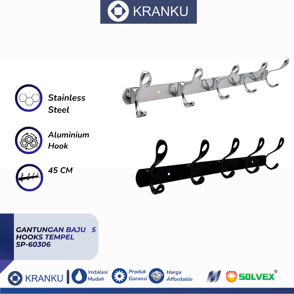 SOLVEX Gantungan Baju Aluminium Wall Hanger 5 Hooks Tempel Kapstok