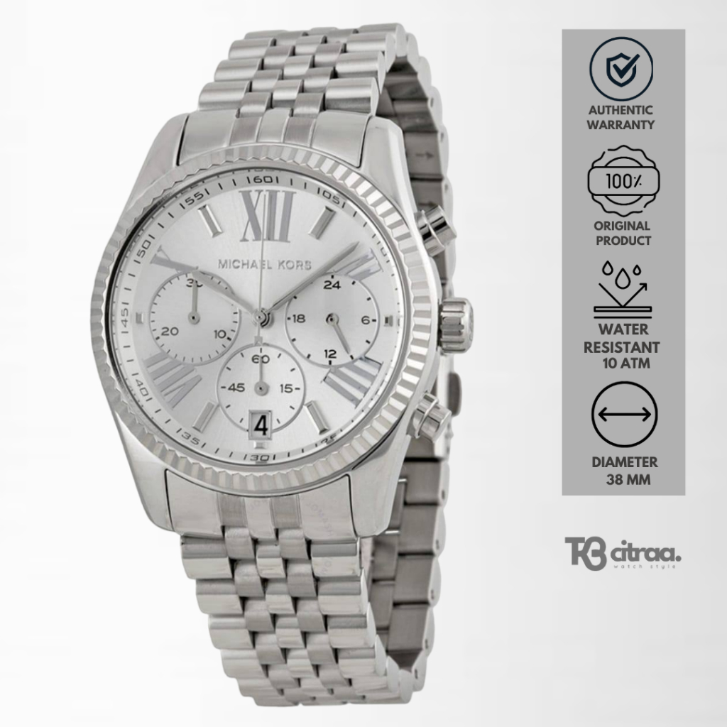 Jam Tangan Wanita Michael Kors Lexington Chronograph Silver Stainless Steel Mewah Original MK5555