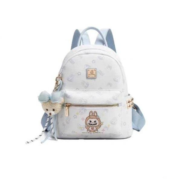 Tas Ransel Mini Wanita Motif Labubu Imut Tas Punggung Kulit PU Warna Putih Biru Muda Untuk Sekolah R
