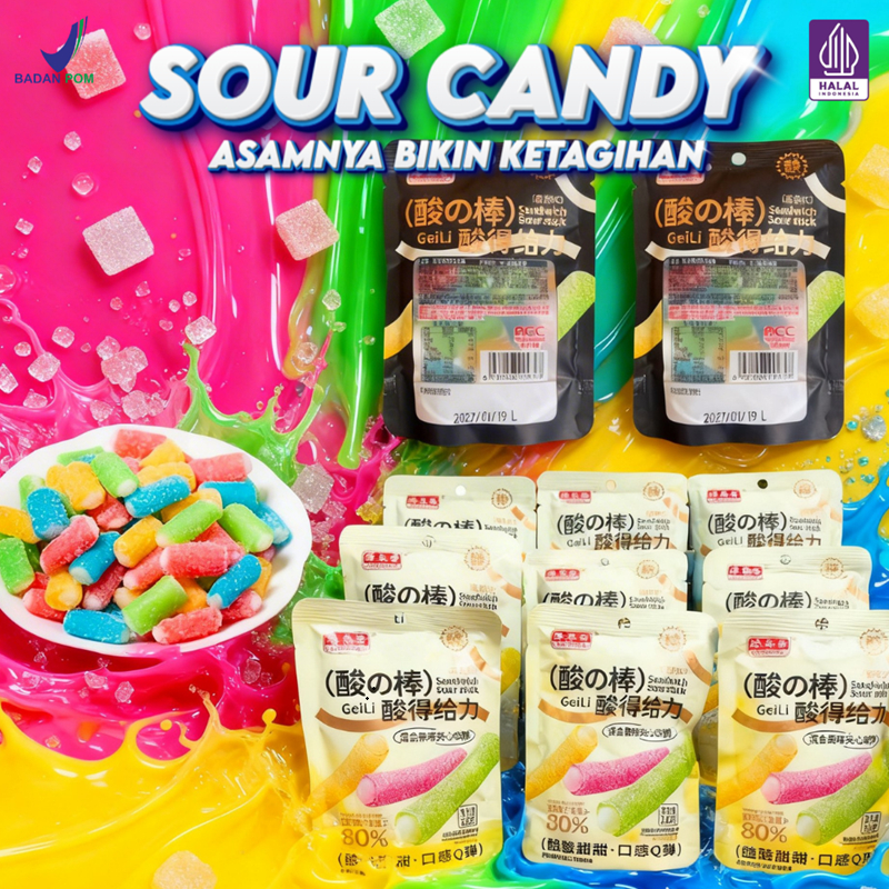 Halal Permen Sour Stick Candy Rasa Buah Asam Manis Viral / Permen Jelly Sour Candy Manis Asam Viral