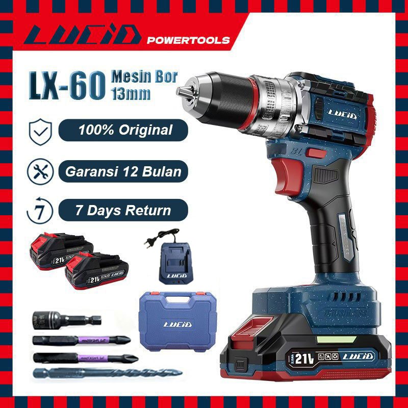 LUCID LX-60 Cordless Mesinbor 13MM 2.0A 21V lithium battery impact drill brushless baterai