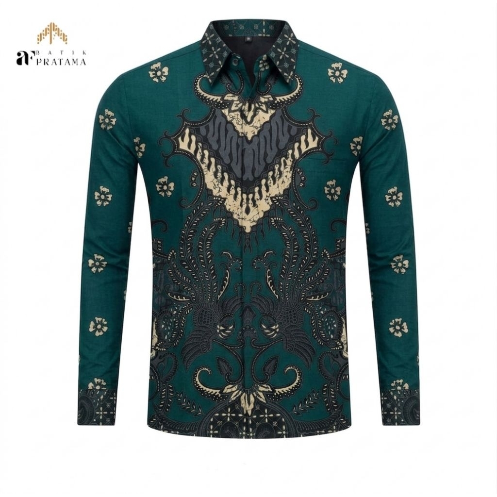 Batik AF Pratama | Kemeja Batik Pria Lengan Panjang Motif Bima Lengan Panjang Warna Hijau Botol
