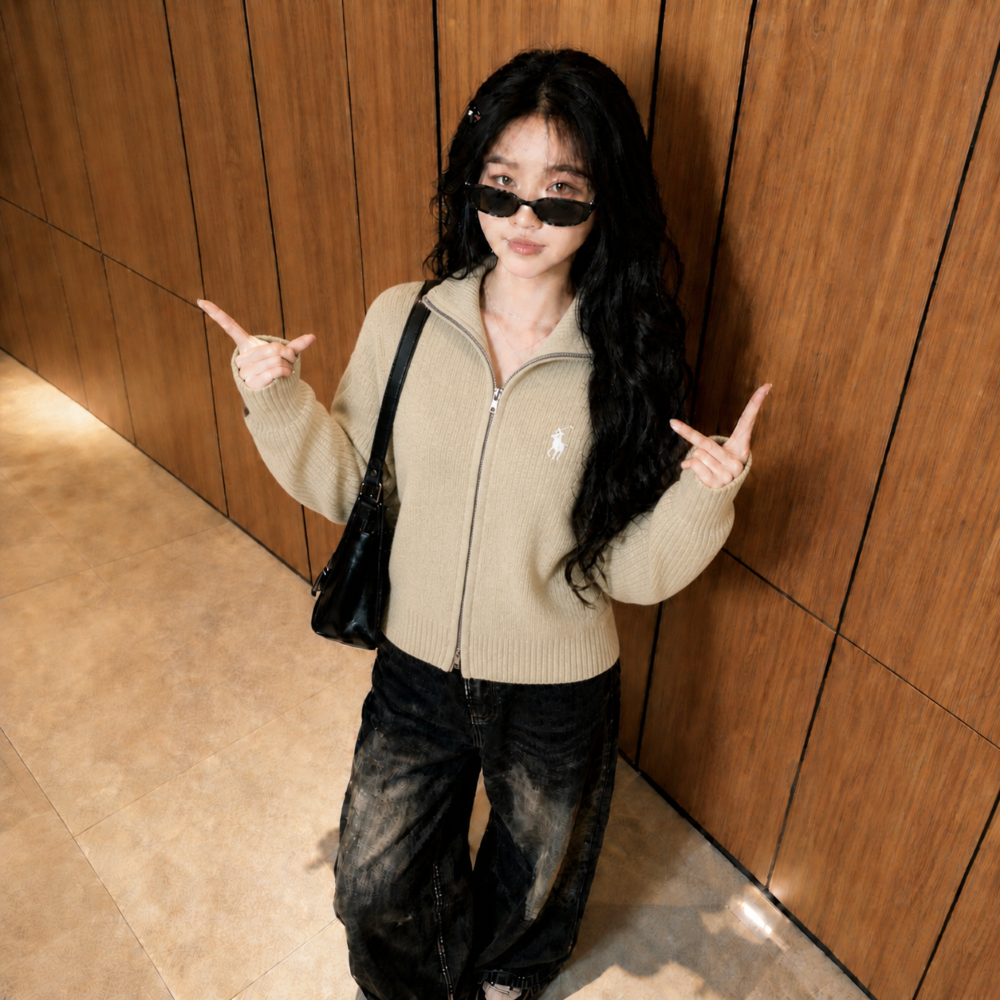 Jaket Sweater Rajut Premium Resleting Doble Atasan Knitwear Wanita Rajut Jaket Logo Kuda Lengan Panj