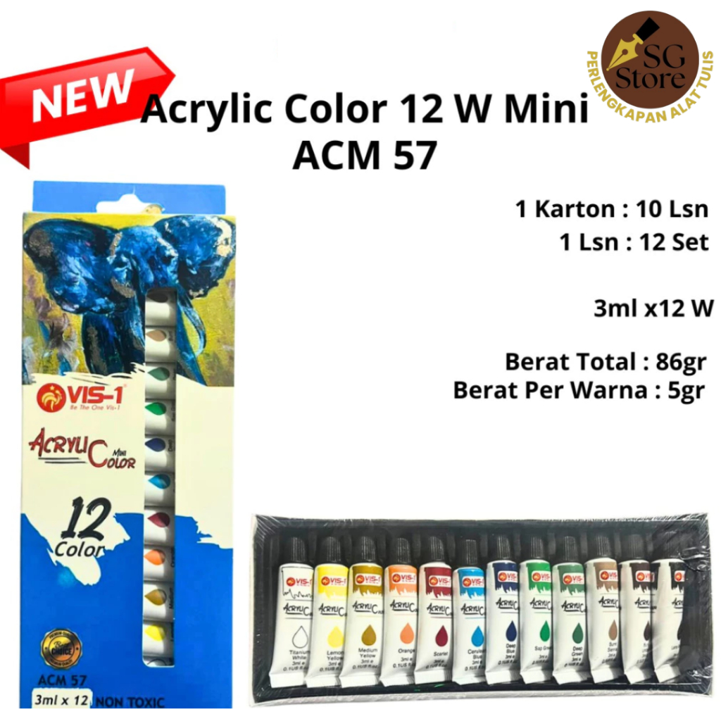 VIS-1 Acrylic Color Mini 3ml ACM-57 / Cat Akrilik 12 Warna / Cat Melukis / Acrylic Paint Set 12 Warn