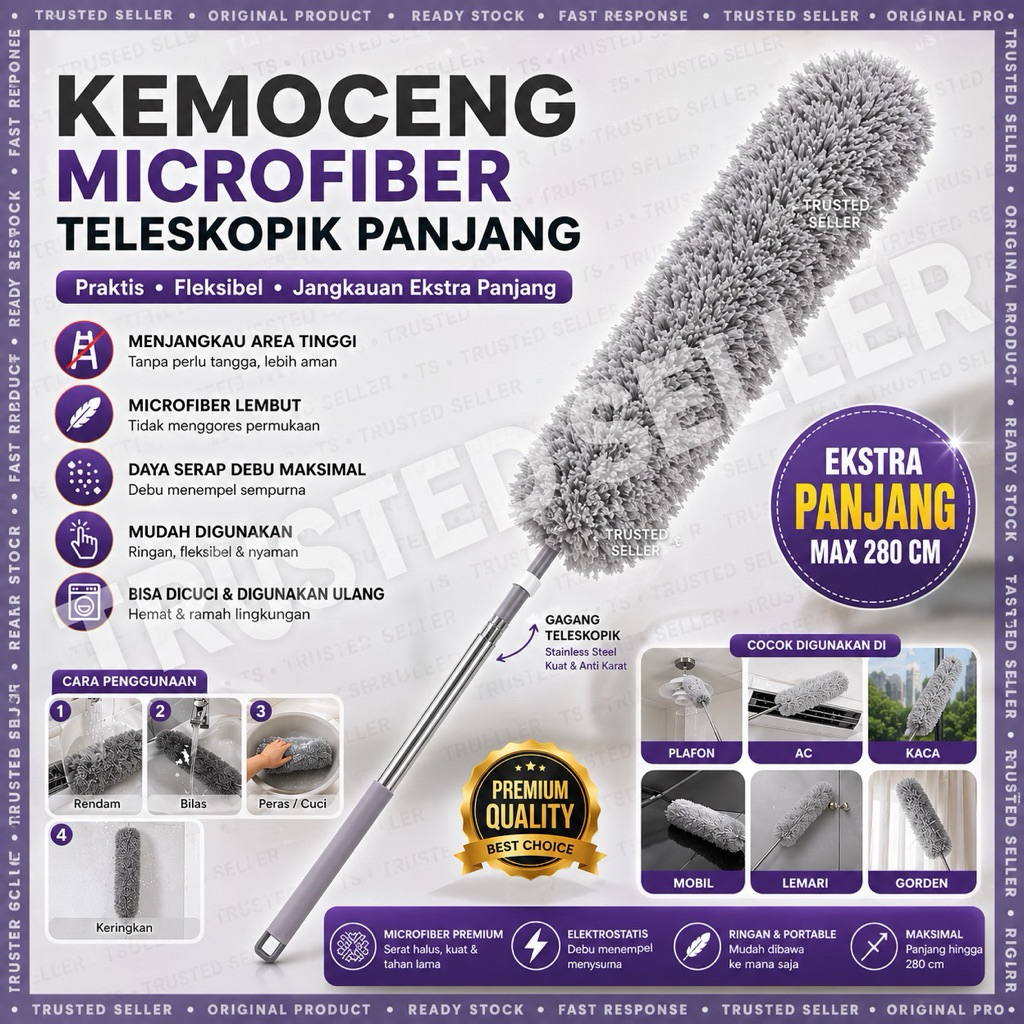 A43A TSS KAMOCENG MICROFIBER TELESKOPIK BULU HALUS GAGANG 280 CM BISA DIPERPENDEK PERPANJANG / KEMOC