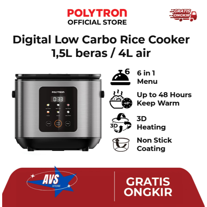 POLYTRON RICE COOKER DIGITAL LOW CARBON 6 IN 1.1 5L RICE & 4L WATER PRC 2151S