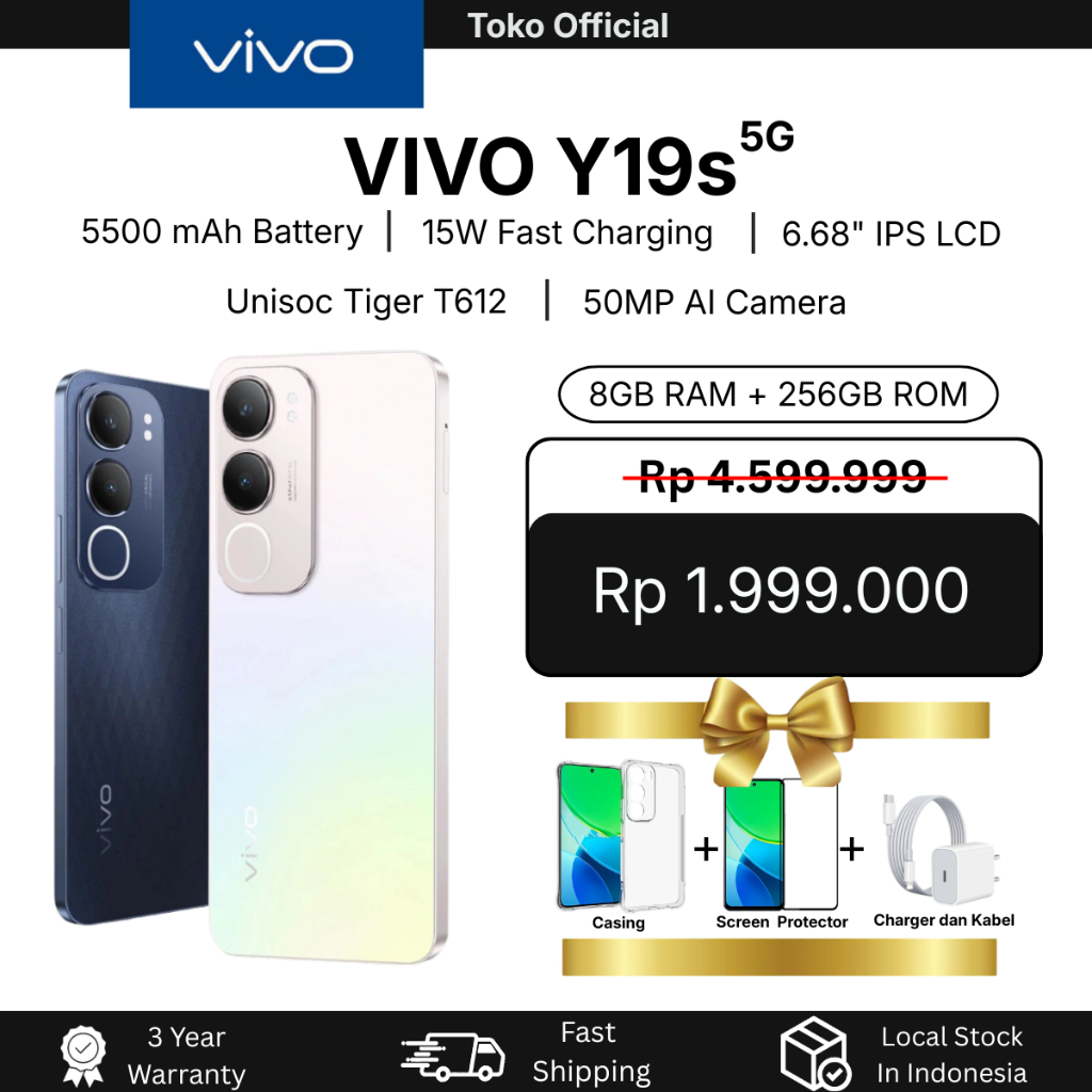 Vivo Y19S 50 MP AI Camera, 5500mAh+15W FlashCharge, SGS Drop Resistance, IP64 Dust Waterproof, Dual 