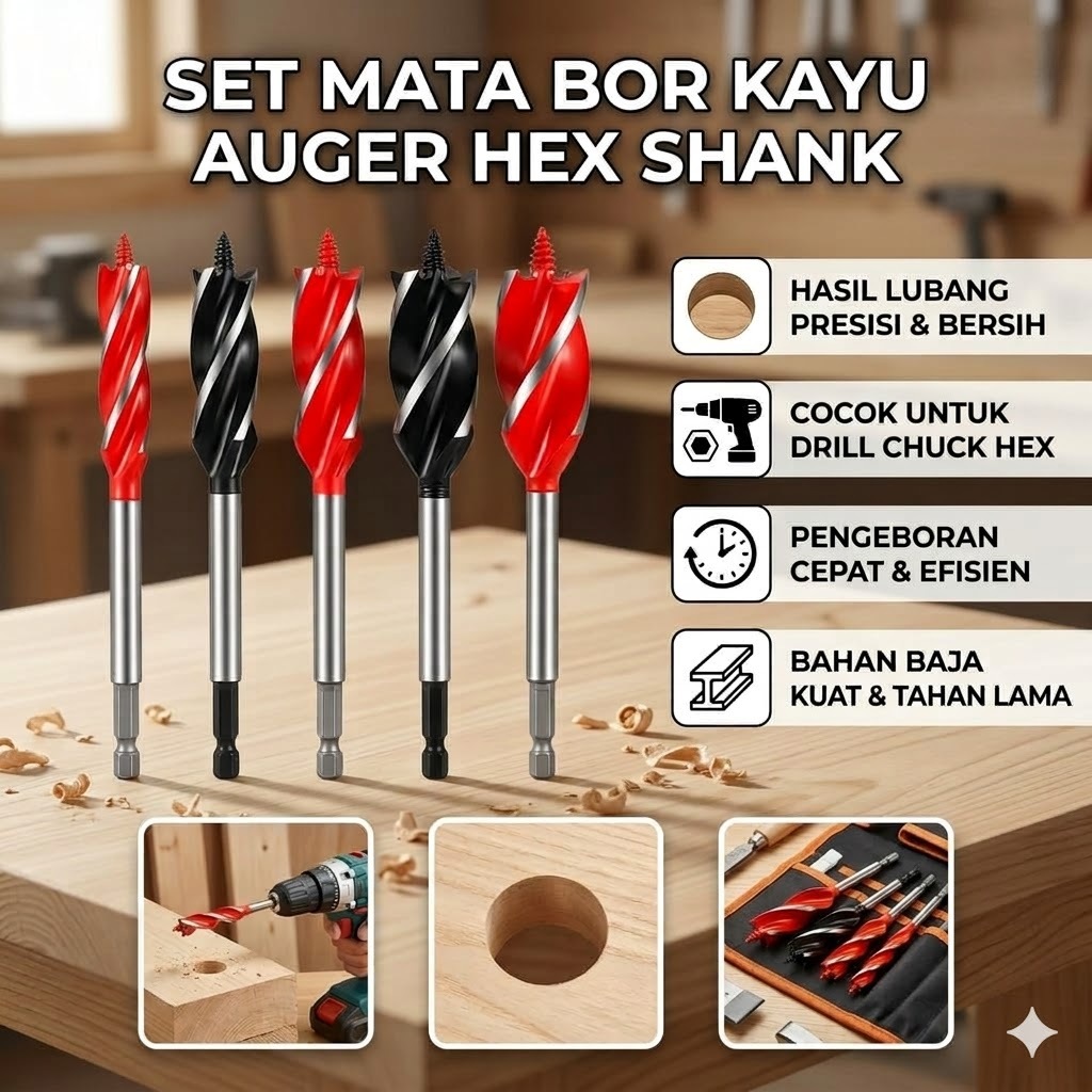 Mata Bor Kayu Auger Spiral Tajam dan Presisi