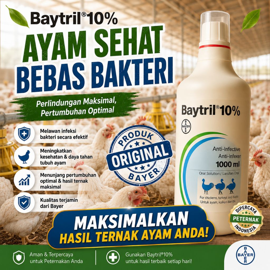 Baytril 10% 1000ml Anti Infeksi | Antibiotik Ampuh | Anti Bakteri Ayam Broiler & Petelur Original Ba