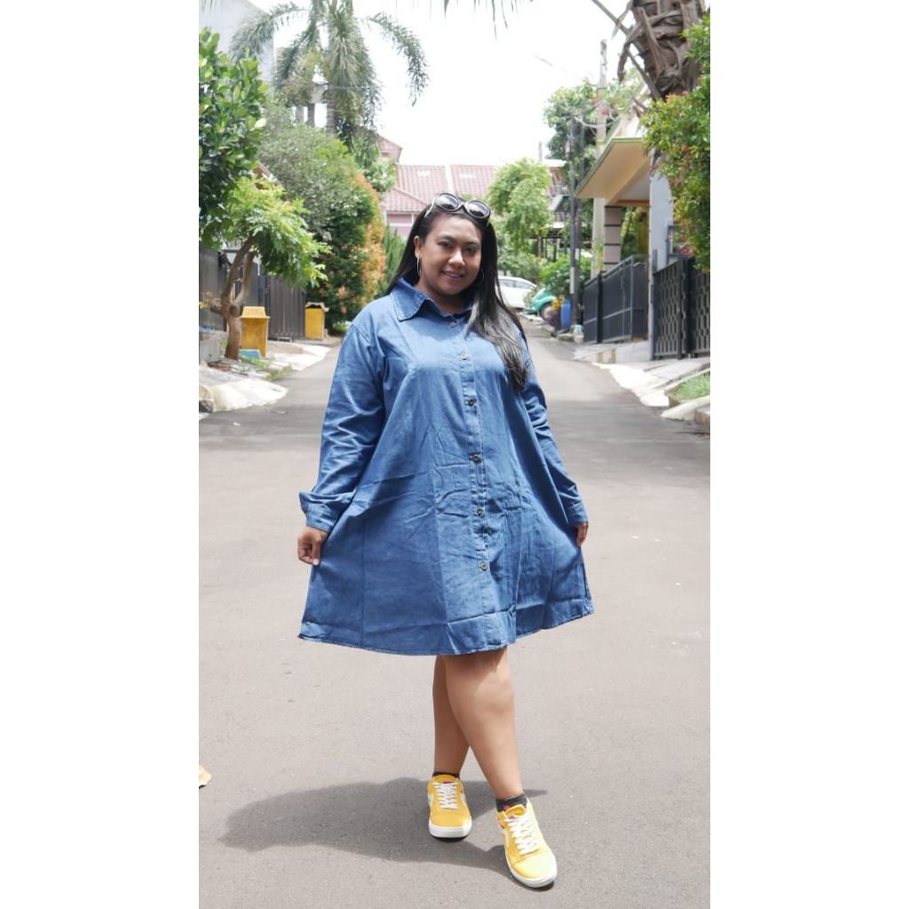 TUNIK JEANS JUMBO ATASAN WANITA JUMBO KANCING LENGAN PANJANG MURAH BERKUALITAS
