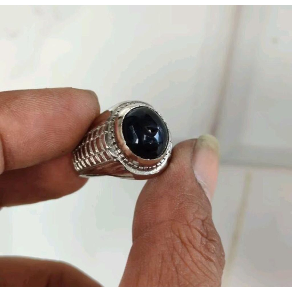 Cincin Pria Batu Combong Hitam Kecil Yaman Wulung Ring Alpaka 12x10x4 Natural