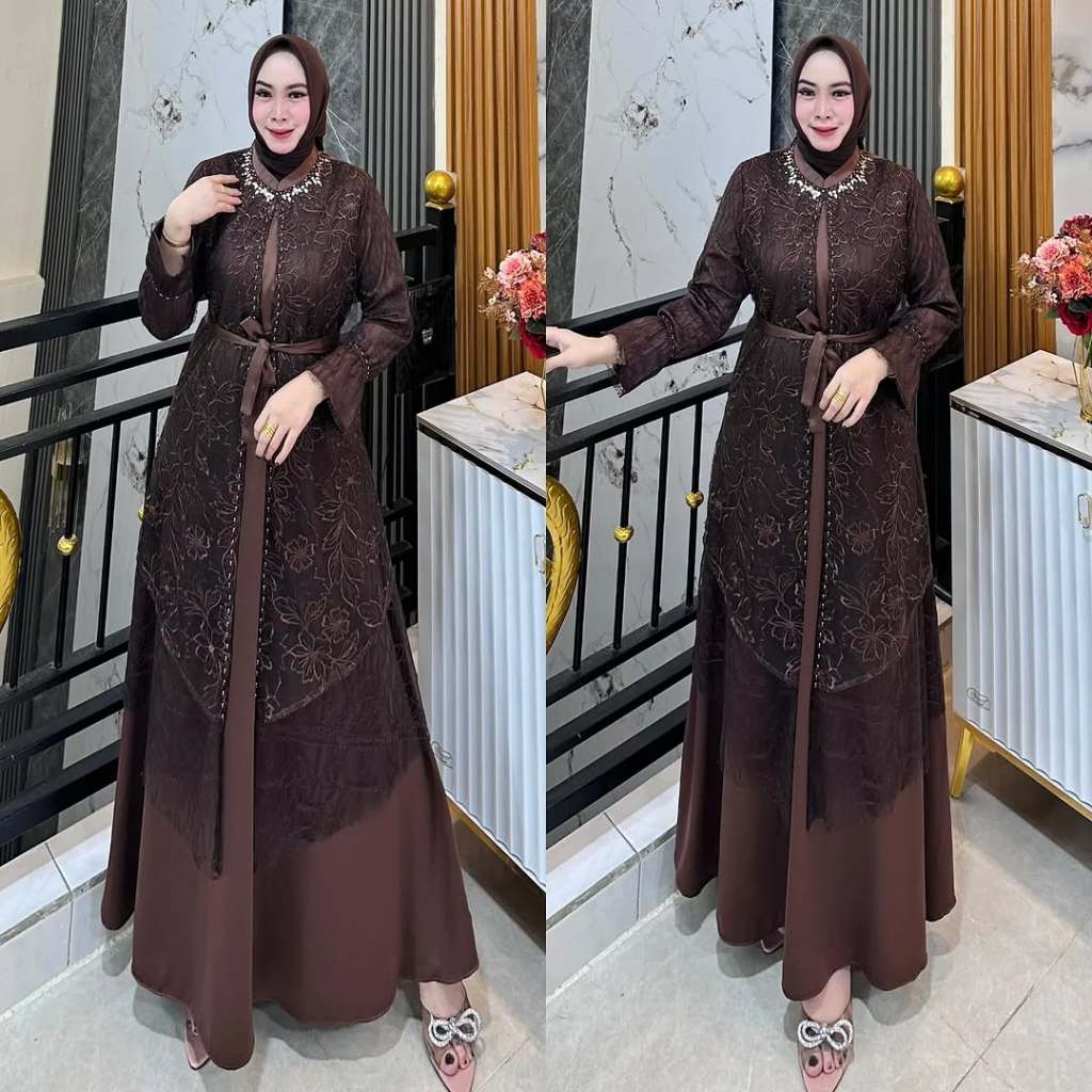 Gamis Wanita Muslimah Satin Velvet Mix Brokat - Nyaman, Model Kekinian, Jahitan Rapi Baju Kondangan 