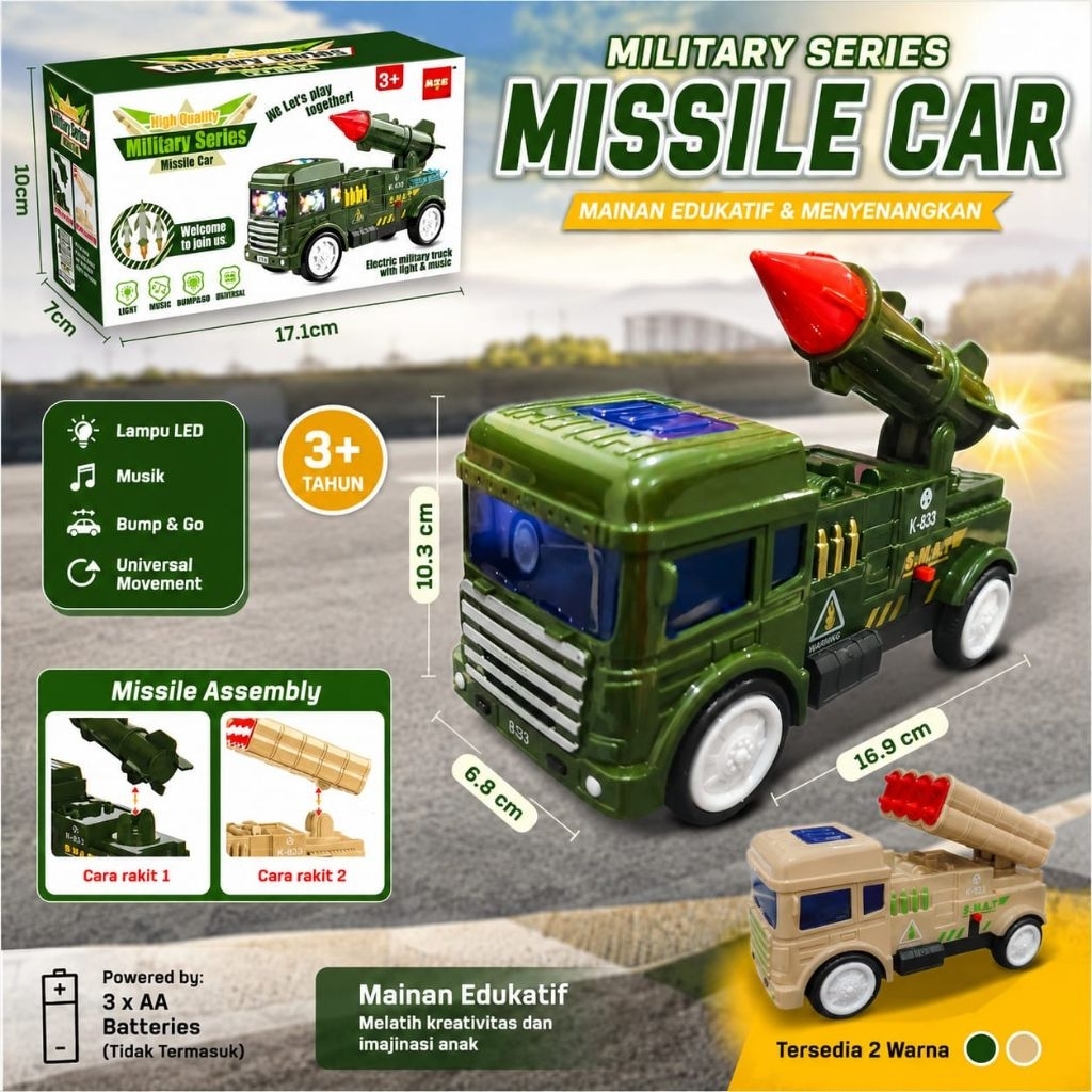 1280 Mainan Monster Truk Roda Militer Musik Bump & Go / Mainan Truk Roda Militer Tank / Mainan Mobil