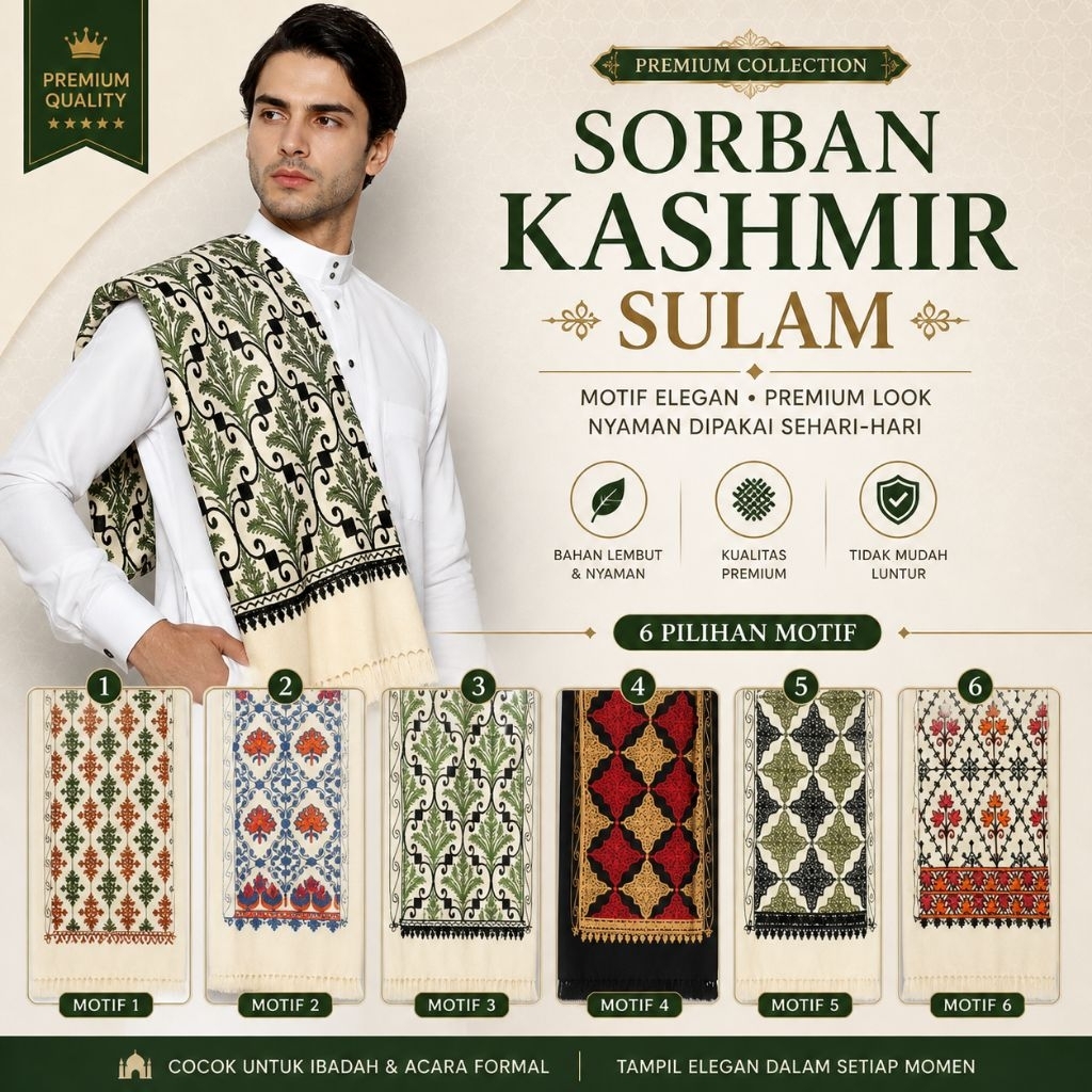 Sorban/Rida Kashmir Premium Sulam / Syal Rida Pria Dewasa Ori | Sorban Bordir Habib 2x1 Import | Rid