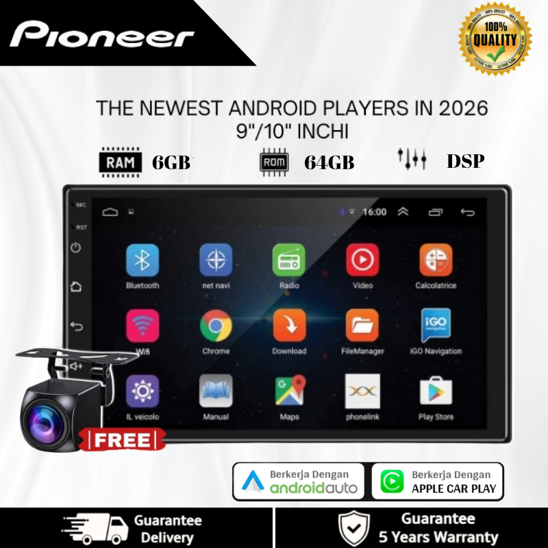 [READY STOCK]  Head Unit Pioneer Android CarPlay 9/10 Inci 6GB 64GB Tape Mobil Double Din Octa Core 