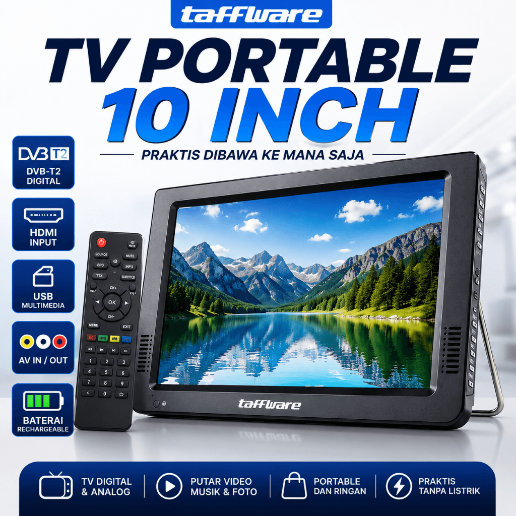 Portable TV Monitor Mini 10 Inch DVB-T2 Digital+Analog Televisi Portabel Tivi Kecil HDMI AV RCA AUX 