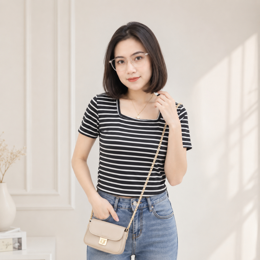 Atasan Wanita Stripe Korean Soft Girl | Kaos Garis Slim Fit Casual Chic Premium
