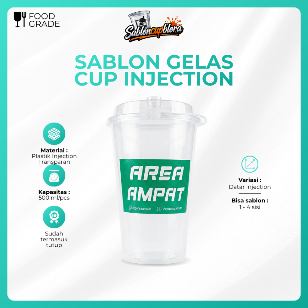 Sablon Gelas Cup Injection 500ml Datar Custom Gelas Minuman Anti Tumpah Premium Free Desain