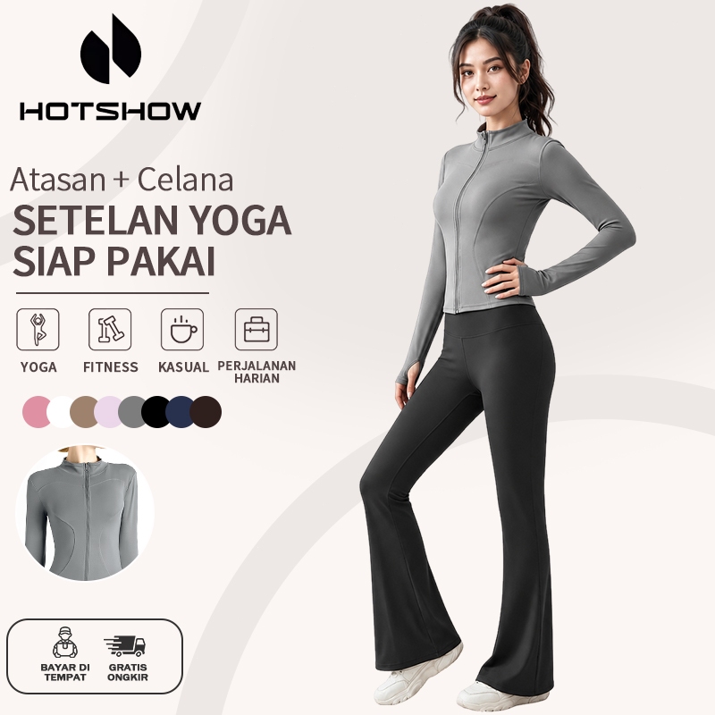 Setelan Olahraga Wanita Jaket Lengan Panjang Anti UV Dan Celana Cutbray Pinggang Highwaist Flare Pan
