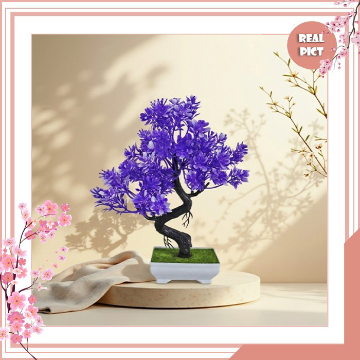 UNICO Bonsai Sakura Ungu Artificial Mini Tanaman Hias Plastik Pot Putih Dekorasi Meja Rumah PBP04