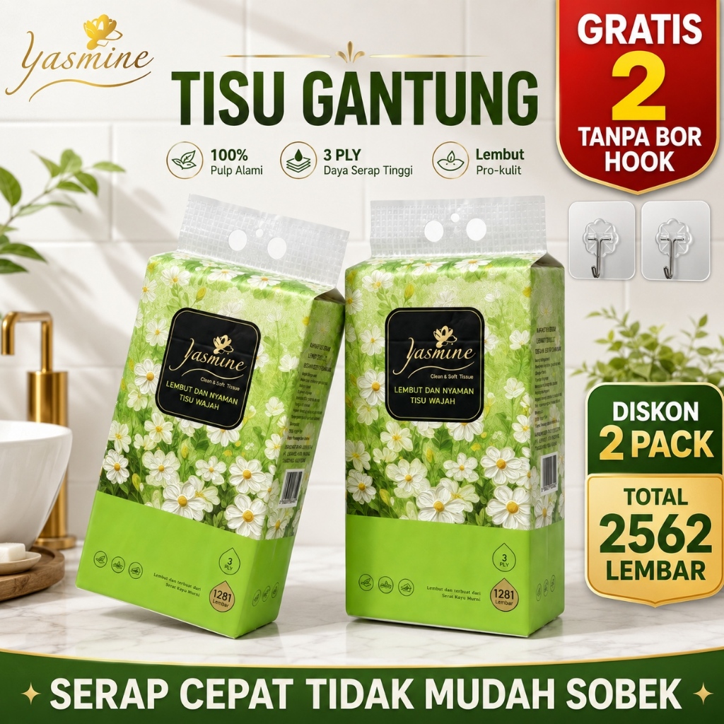 [2 HOOK Free]Yasmine Tissue GANTUNG 3 PLY 1281 SHEETS Tissue Elegan Tissu Tissue Minyak Tissue Serba