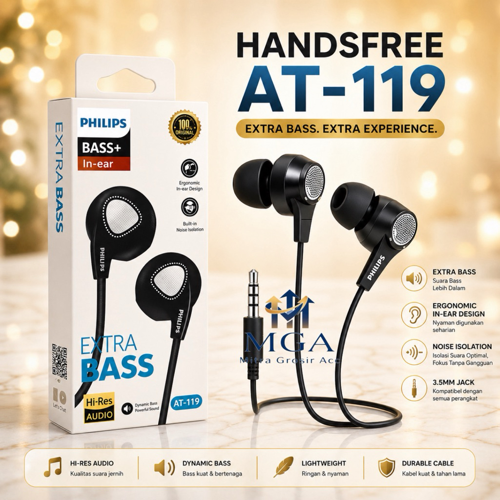 MGA - Headset Earphone PHILIPS AT-119 Handsfree Stereo Bass